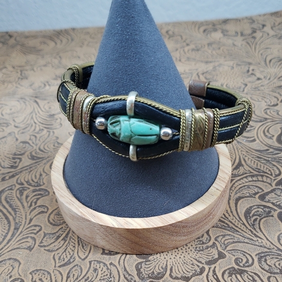 Vintage Brass Leather Scarab Turquoise Clay Bracelet - Picture 1 of 9